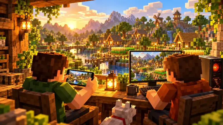 Ilustração de dois amigos jogando no celular e no computador em um mundo survival