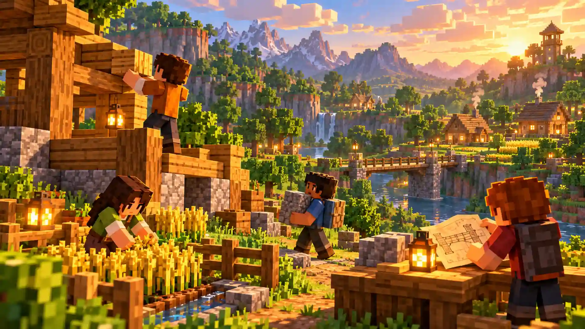 Ilustração de quatro jogadores construindo uma base e cultivando em um mundo SMP