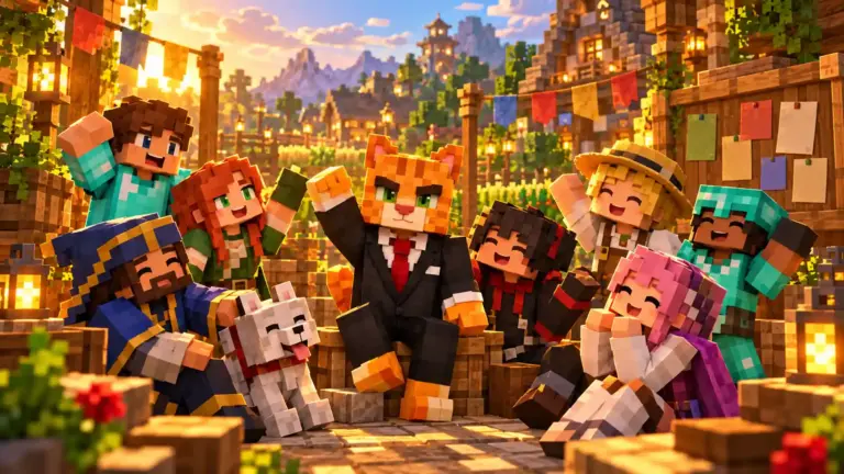 Ilustração do mascote do Bobbacraft com jogadores reunidos em uma vila survival
