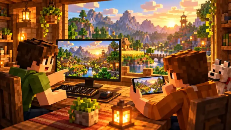 Ilustração de dois jogadores comparando um computador e um celular em uma cabana survival