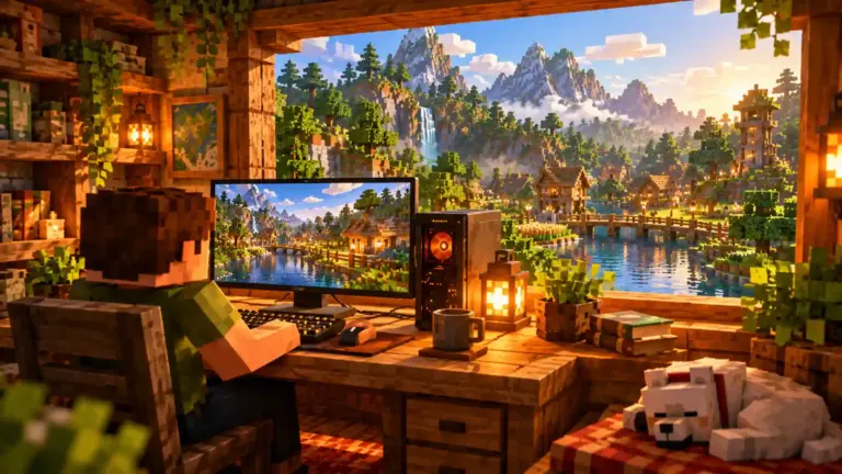 Ilustração de um jogador usando teclado e mouse para acessar um mundo survival no computador