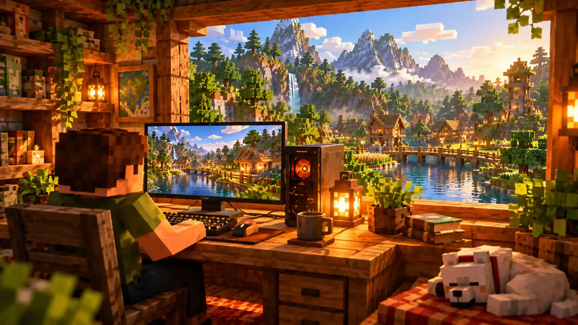 Ilustração de um jogador usando teclado e mouse para acessar um mundo survival no computador